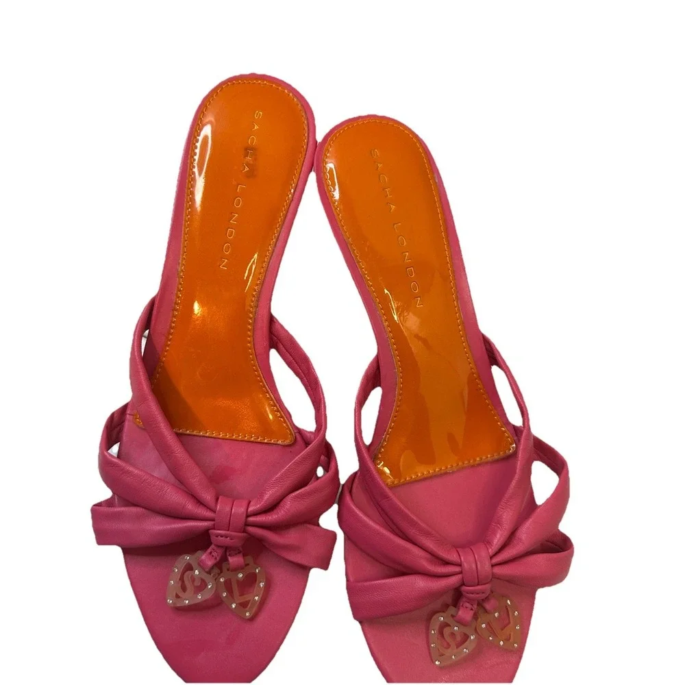 Sacha London Sandals Womens 7.5 Pink Leather Flip Flop‎ Thongs Low Wedge Heel - Picture 3 of 10